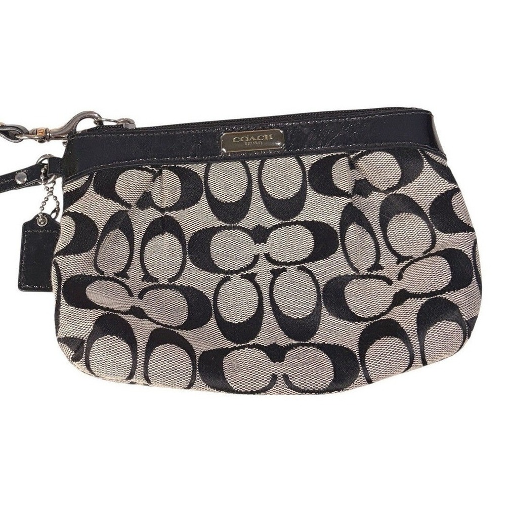 Coach Signature C Black Gray Canvas Patent Leather Wristlet Pouch Bag 43434